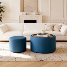 Set di 2 sgabelli impilabili Ball & Cast con contenitore, poggiapiedi con rivestimento in lino e ripiano in legno, tavolino rotondo da 58 cm e panca - Blu - Visualizzare 5