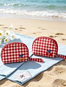 Red Plaid Cherry Embroidery Makeup Bag, Shell-Shaped Portable Toiletry Bag With Wrist Strap, Cute Summer Beauty Makeup Pouch, Suitable For Beach Travel - Multicolor - View 2
