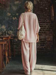 Plus Size Solid Color V-Neck Loose Top & Wide Leg Pants Two-Piece Set For Women - Pink - View 2