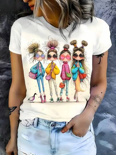 1pc Women' Four Girls Cartoon Print White TShirt Crew Neck Casual Cotton Tee , Regular Fit For Female Ladies For //