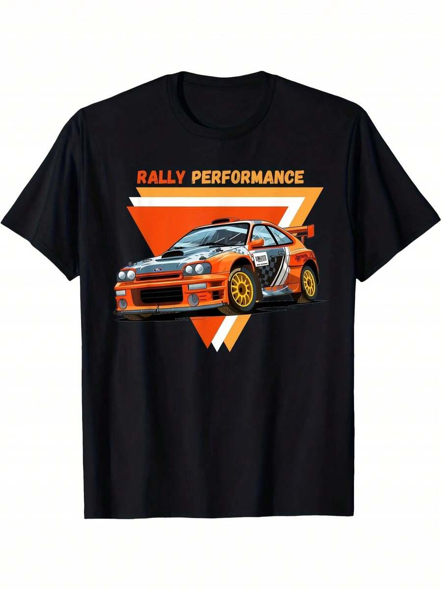 T-shirt de performance de course Y2K imprimé décontracté classique pour hommes - Base noire avec design contrasté orange et blanc, manches courtes col rond, style ajusté, convient aux amateurs de style décontracté et de sports de course, T-shirt d'été quotidien respirant à col rond et manches courtes YeaSoft, T-shirt pour hommes, tenue d'été pour hommes, hauts - Noir - Voir 1
