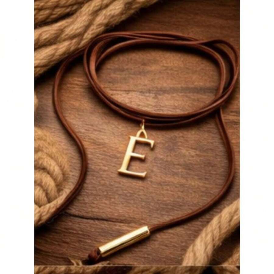 Colar Courinho com Letra Personalizada Banhada a Ouro(N,Marrom) - e - Visão 1