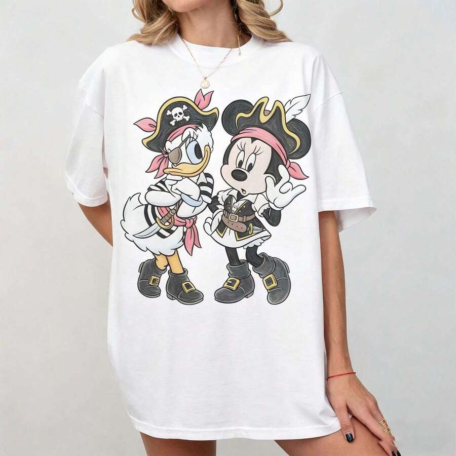 Maglietta Oversize Ampia Con Topo Pirata E Paperina 2026, Maglietta Per Amiche, Regalo Per Lei, Viaggio Tra Amiche A WDW Land Cruise, Top Da Donna, T-Shirt Da Donna, T-Shirt Graf - 白色 - 查看 1