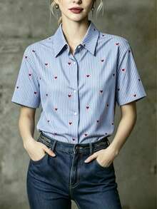 Spring/Summer French Vintage Blue & White Striped Red Heart Print Women's Shirt, Loose Casual Commute Vacation - Blue - View 3