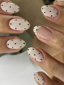 24 Peças Conjunto de Unhas Postiças Ovais Curtas com Bolinhas Pretas Minimalistas, Inclui 1 Peça Adesivo e 1 Peça Lixa de Unha, Unhas Press On - Multicolorido - Visão 2
