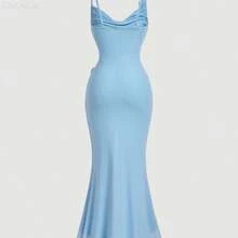 yonghongmaoyi1  MOD Vestido largo de tirantes con cuello drapeado, aplicación floral y volante en el bajo - Azul - Ver 7