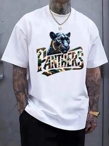 Men's Plus Size T-Shirt 100% With Modern Panther Design, Comfortable Casual Short Sleeve T-Shirt For Summer - Putih - View 1