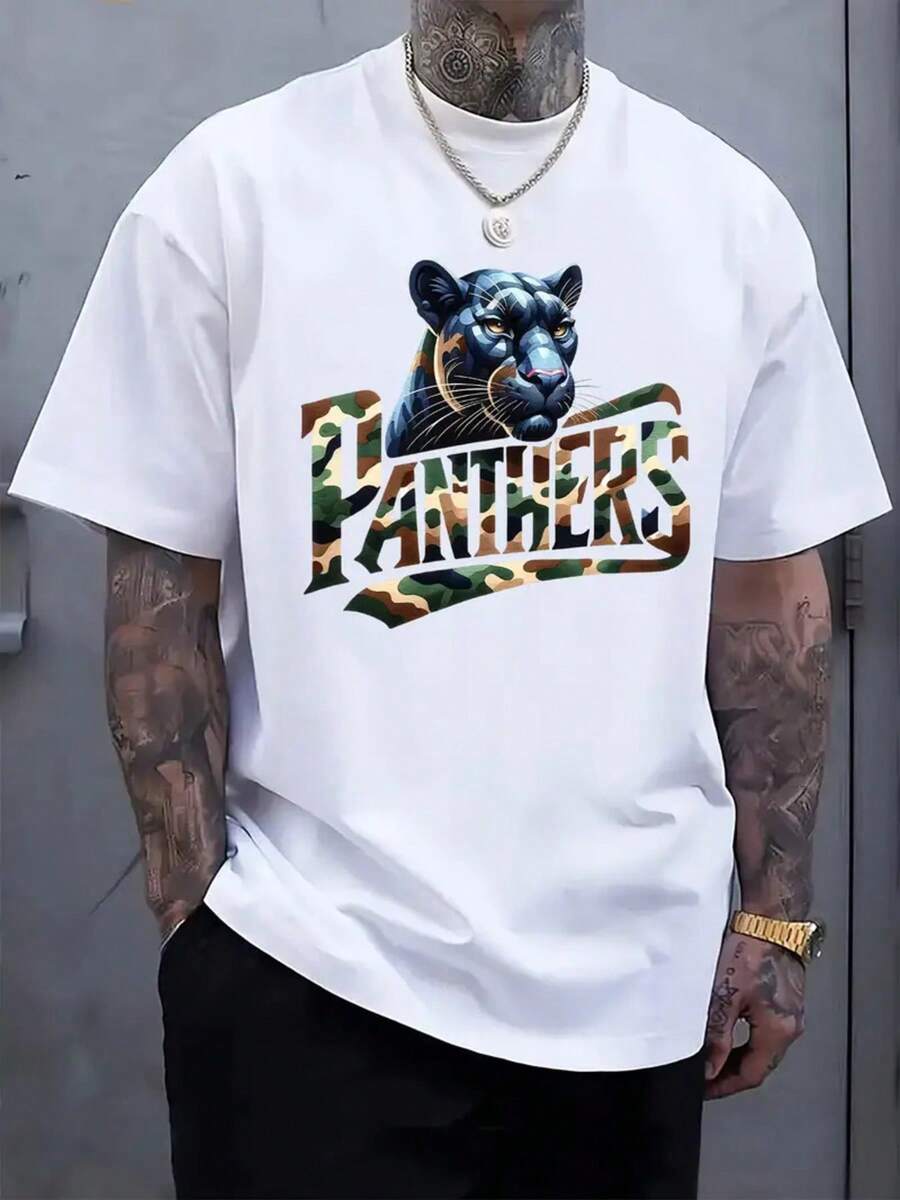 Men's Plus Size T-Shirt 100% With Modern Panther Design, Comfortable Casual Short Sleeve T-Shirt For Summer - Putih - View 1