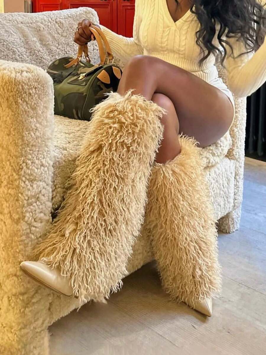 Fur Knee High Long Boots For Women Halloween Fashionable Pointed Toe Stiletto High Heel Boots Furry Fluffy Slip On Fall Boots - Màu be - Xem 1