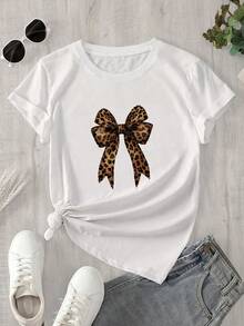 Top de mujer de cuello redondo y manga corta con estampado de pantera negra y lazo, apto para todas las estaciones. - Blanco - Ver 1