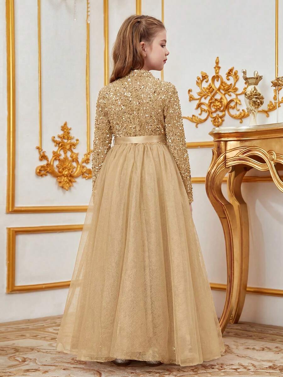 Elegant Girls' High Neck A-Line Tutu Dress - Long Sleeve Design Slim Fit - Perfect For Birthday Parties - Champagne - View 1