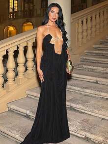 Y2K Fairycore Rhinestone Chain Halter Cutout Sheer Mesh Draped High Slit Maxi Dress (4 Colors) For Pool Party Vacation Festival Night Out - Negro - Ver 5
