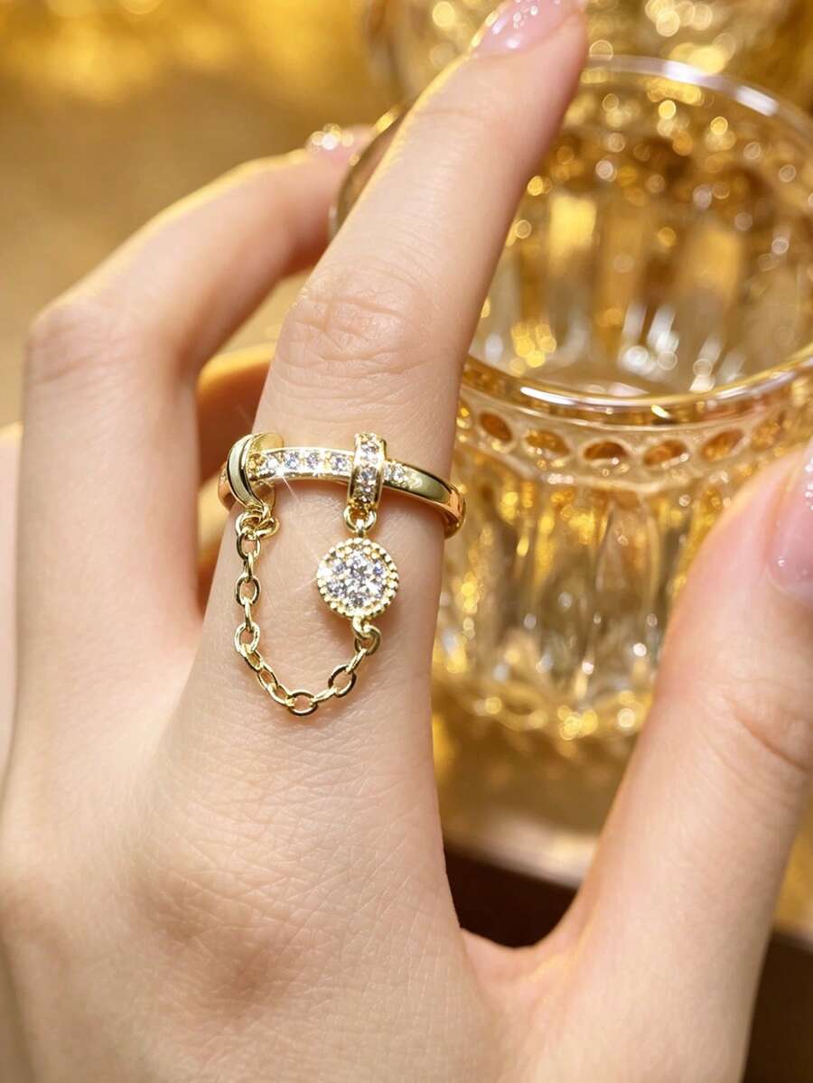 1件魔力個性化流蘇方形鋯石訂婚戒指,奢華時尚女款戒指,適合派對、工作及各種場合,夏季新品,金色,優雅閃耀 - 彩色 - 查看 1