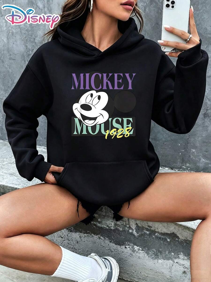 Disney Mickey Mouse 1928 Varsity Style Bold Letter Retro Cartoon Graphic Pullover Hoodie Women's Casual Daily Wear Long Sleeve Soft Comfortable Nostalgic Streetwear Fan Merchandise Top It Is A Gift For Fans And Friends, And It Is Also A Perfect Gift Choice For Lovers And Relatives. - 黑色 - 查看 1
