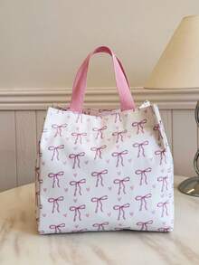 Portable Insulated Lunch Bag, Bento Bag, Dinner Thermal Bag, Thickened Cute Lunch Fruit Bag For Students, Bow Knot Pattern - Beige - View 4