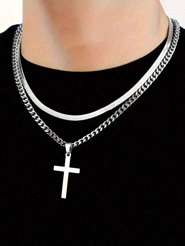 2pcs Minimalist Stainless Steel Cross Necklace, Casual Daily Wear, Date, Party, Birthday, Christmas, New Year, Valentine's Day Holiday Gift