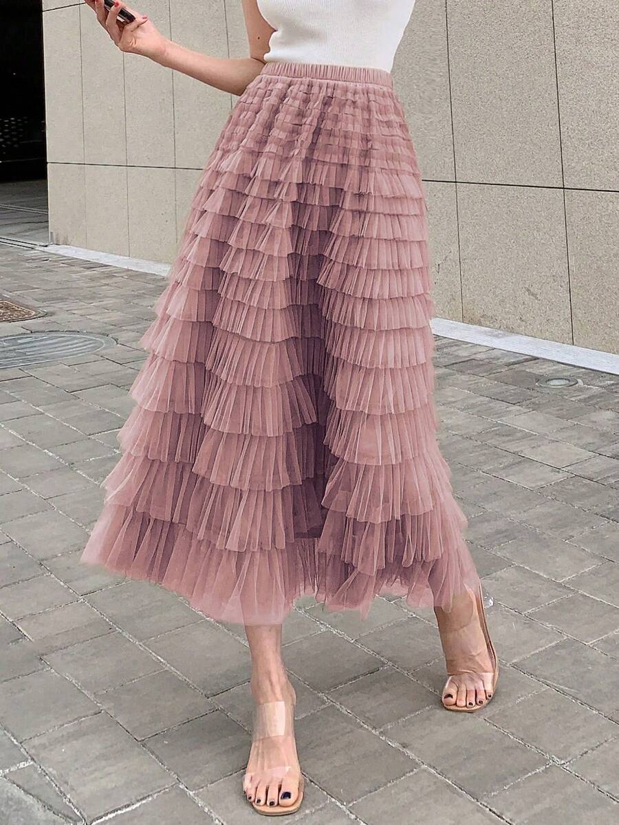 Skirt With Solid Mesh Overlay, Ruffles, Back-To-School Clothes - 老玫瑰 - 查看 1