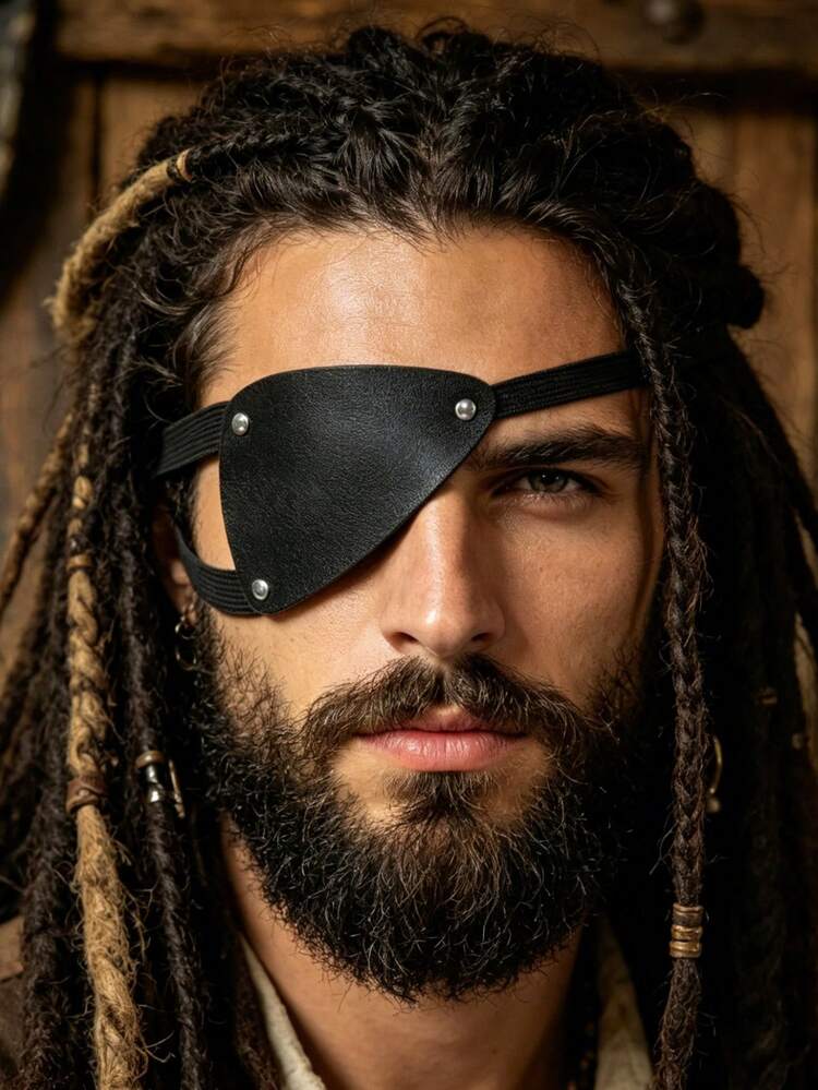 1 PC Adjustable Black PU Leather Pirate Eye Patch - Classic Cosplay Accessory For Halloween, Costume Role Play,Party - IN - View 1