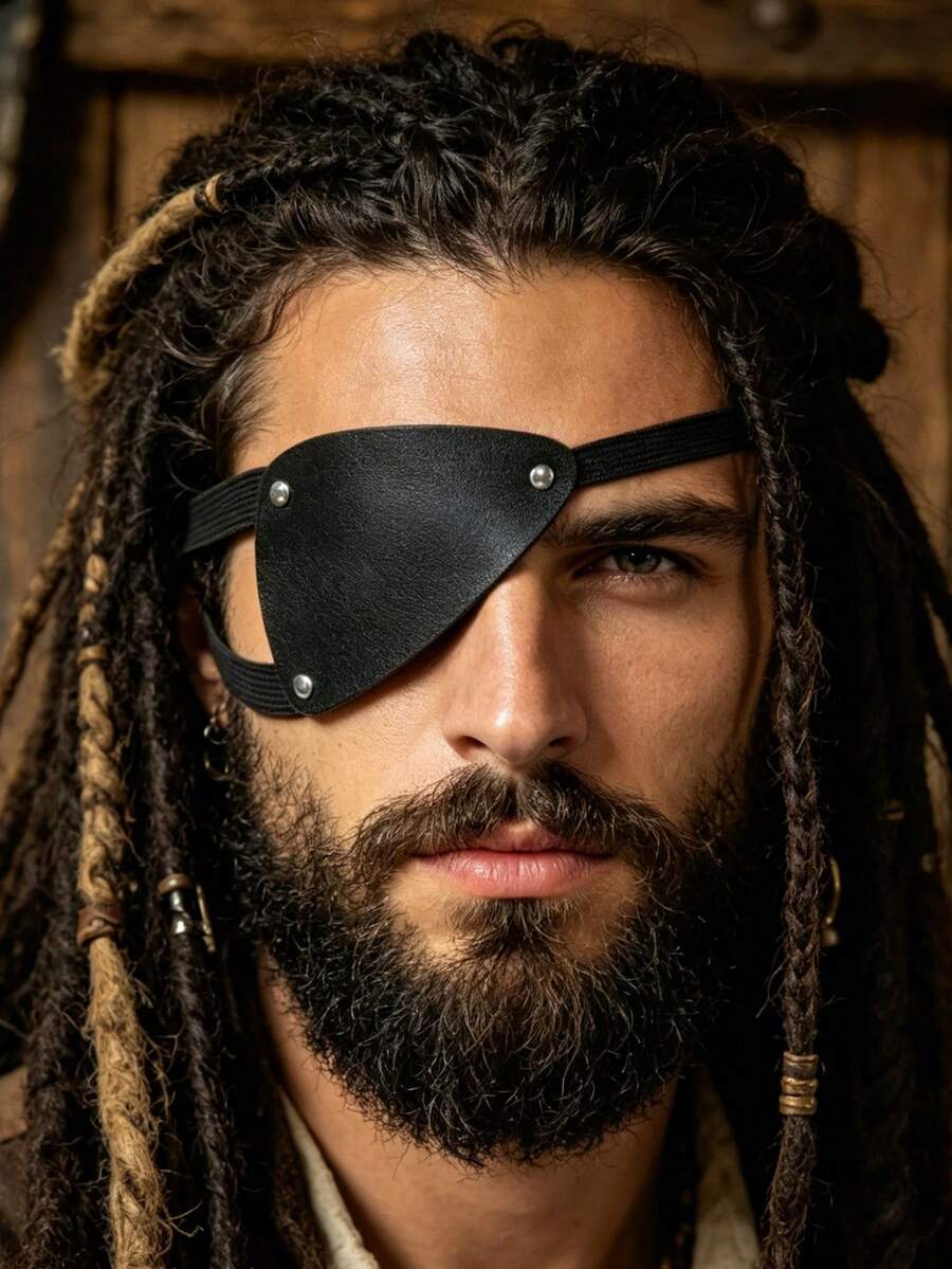 1 PC Adjustable Black PU Leather Pirate Eye Patch - Classic Cosplay Accessory For Halloween, Costume Role Play,Party - IN - View 1