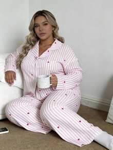 Nina Bonheur 2件組女款大尺碼翻領鈕扣長袖印花睡衣上衣 + 鬆緊腰長褲套裝 - 淺粉色 - 查看 3