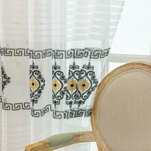 1pc White Striped Geometric Embroidered Eyelet Sheer Curtain, Modern Polyester Semi-Transparent Light-Filtering Window Curtain Suitable For Living Room Bedroom All Seasons - Multicolor - View 9