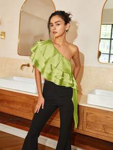 Summer Solid Color Ruffle Trim One Shoulder Asymmetric Hem Top - Lime Green - View 5