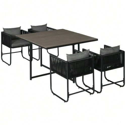 Outsunny 5-Piece Polyrattan Garden Furniture Set, Including A Dining Table With 4 Chairs And A Side Table, An Elegant Set For Balcony And Garden. - Grey - View 1