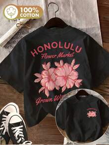 Minimalist. 100% Cotton. 1 Piece. [Double-Sided Printing]Women's Hawaiian Style Summer Clothing With Honolulu Hibiscus Flower Print, Pure Cotton Top. Casual Short-Sleeved Round Neck T-Shirt For Everyday Wear. Spring/Summer Top. - 黑色 - 查看 1