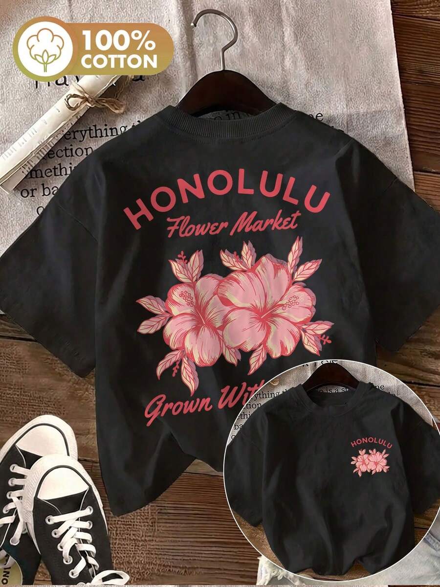 Minimalist. 100% Cotton. 1 Piece. [Double-Sided Printing]Women's Hawaiian Style Summer Clothing With Honolulu Hibiscus Flower Print, Pure Cotton Top. Casual Short-Sleeved Round Neck T-Shirt For Everyday Wear. Spring/Summer Top. - 黑色 - 查看 1