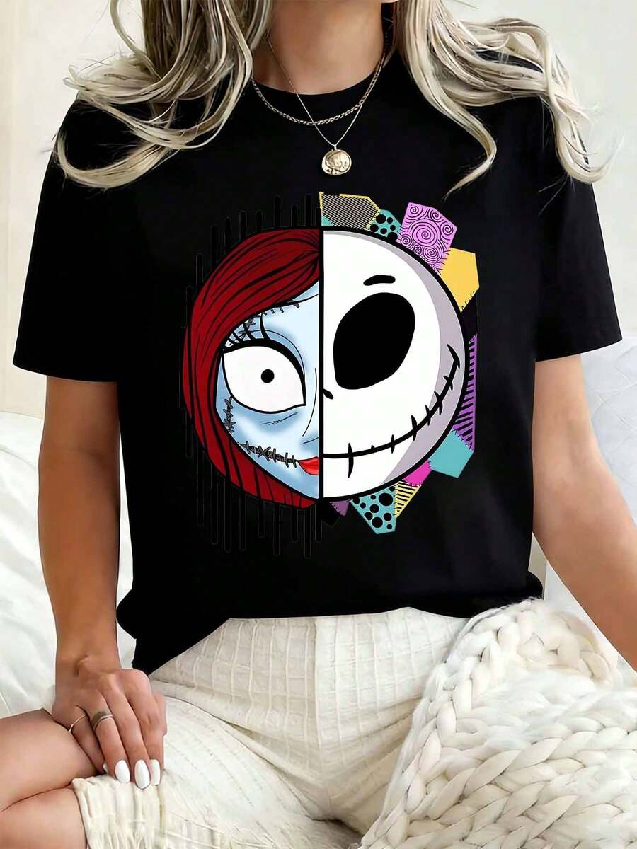 Disney Women Round Neck T Shirt Jack Skellington And Sally Print Halloween Costume Party 220g - 黑色 - 查看 1