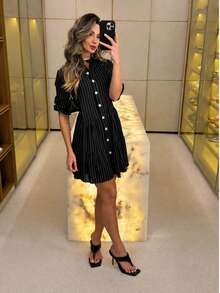 Midi Flared Shirt Dress With Mandarin Collar, High Button-Down Shirt, Linen Beach Cover-Up, Long Sleeves, Ruffled Hem, Striped, Size 13. - Hitam - View 2