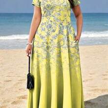 jianchaimaoyi02 Vestido de vacaciones casual elegante con bolsillo estampado para mujer de talla grande - Amarillo - Ver 1