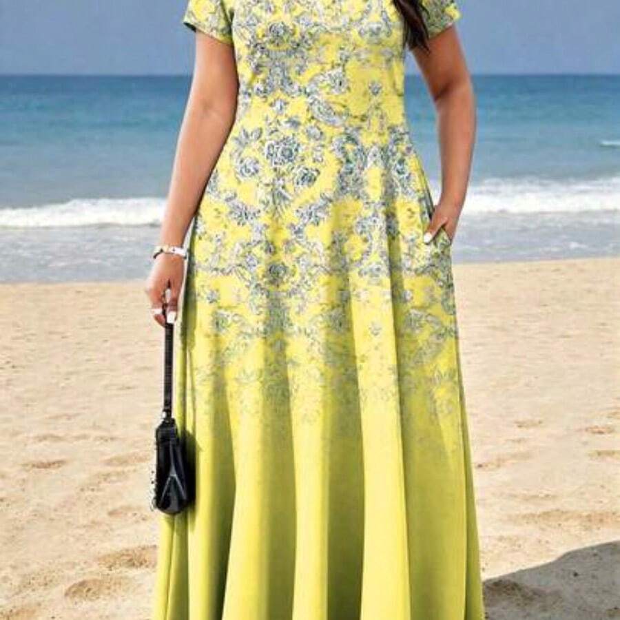jianchaimaoyi02 Vestido de vacaciones casual elegante con bolsillo estampado para mujer de talla grande - Amarillo - Ver 1