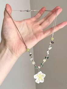 Colorful Braided Rope Cherry Blossom Flower Pendant Necklace, Handmade With Crushed Stone Beads Collarbone Chain - White - View 2