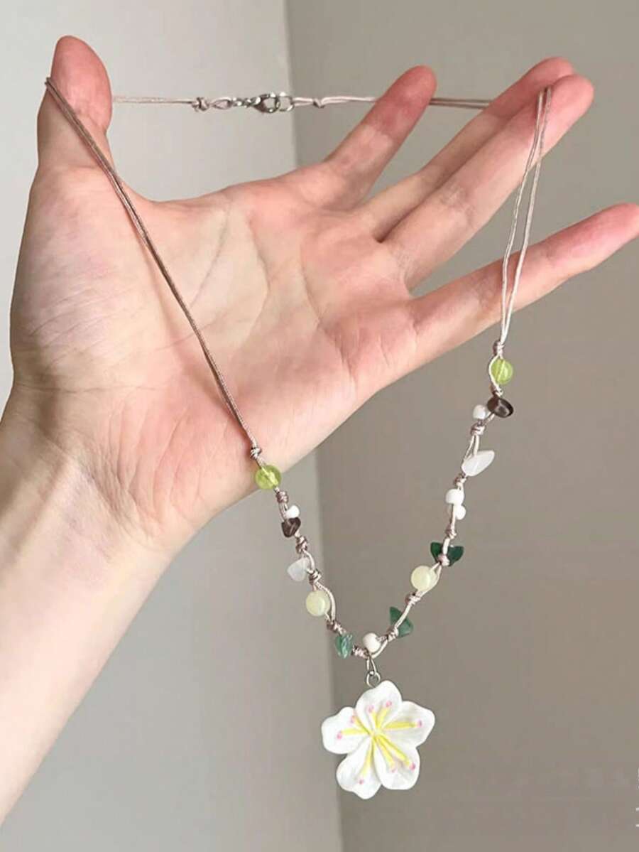 Colorful Braided Rope Cherry Blossom Flower Pendant Necklace, Handmade With Crushed Stone Beads Collarbone Chain - White - View 1
