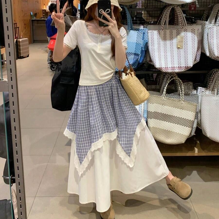 Irregular Mesh Midi Skirt, Chinese Dress-Style Base Layer, Stretchy Fishtail Skirt, High Waist, Slimming A-Line Flared Skirt - White - View 1