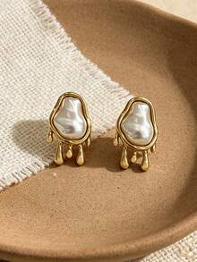 1 Pair Minimalist Abstract Design Faux Pearl Asymmetrical Stainless Steel Earrings Suitable For Daily Wear - Gold - View 2