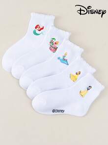 Disney Princess 1/5 Pairs Girls Classic Short Socks, Spring/Summer Thin Ice Silk Ribbed Socks, Breathable, Mid-Calf Children's Socks, Pure White Base Color, Jasmine Elsa Ariel Cinderella Belle Embroidery, Ruffle Edge Elastic Design, Back To School - Multicolor - View 1