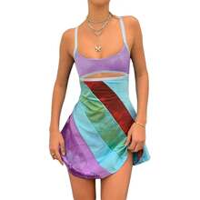 Vestido acampanado informal con tirantes para mujer, Vestido corto calado con cuello en U y contraste de Color a la moda, novedad de 2024 - verde - Ver 3