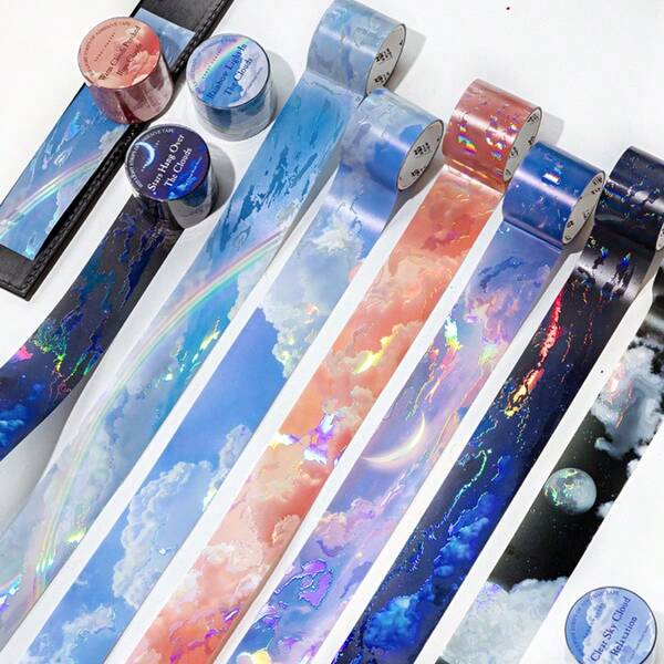 1 Roll, Cloud Theme Craft Tape, PET Laser Silver Tape - Colorful Cloud Heart Series, Suitable For Scrapbook Enthusiasts, Pattern-Rich Stickers, Beautiful Stickers, Can Be Used As Birthday Gift, Back To School Gift