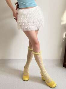 1 Pair Dopamine Ballet Girl Satin Lace Hollow Floral Fishnet Slouch Socks - Multicolor - View 5
