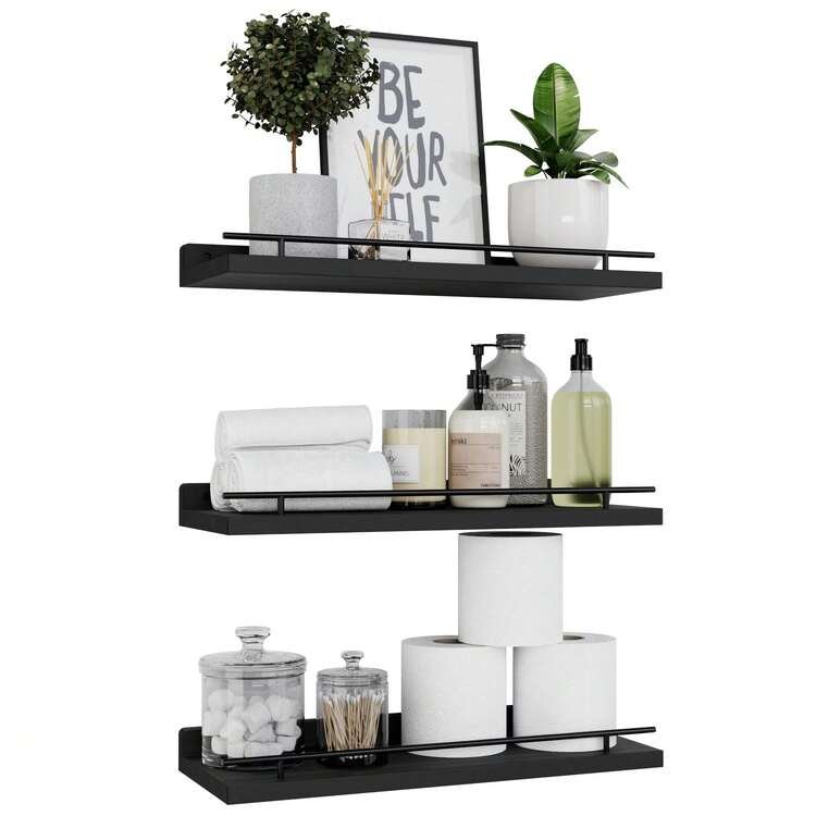Floating Shelves With Metal Rail, Set Of 3, Suitable For Kitchens, Bathrooms, Bedrooms, Studies, Display Shelves And Storage Shelves, White, Valentine's Day - Black - View 1