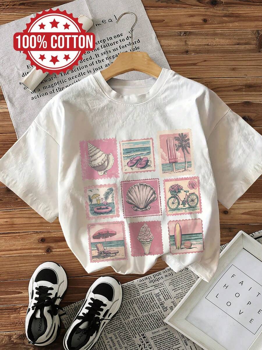 1 Piece, 100% Cotton. Loose-Fitting 100% Cotton T-Shirt, Women's Casual Summer Top, Vintage Style, With Shell, Beach, And Ice Cream Print, Crew Neck, Short Sleeve, LingK, Summer Tops. - 白色 - 查看 1
