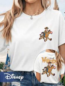 Disney Official Licensed Toy Story Sheriff Woody & Bullseye Print T-Shirt For Women, Double-Sided Graphic Tee, 100% Cotton Casual Top - 白色 - 查看 1
