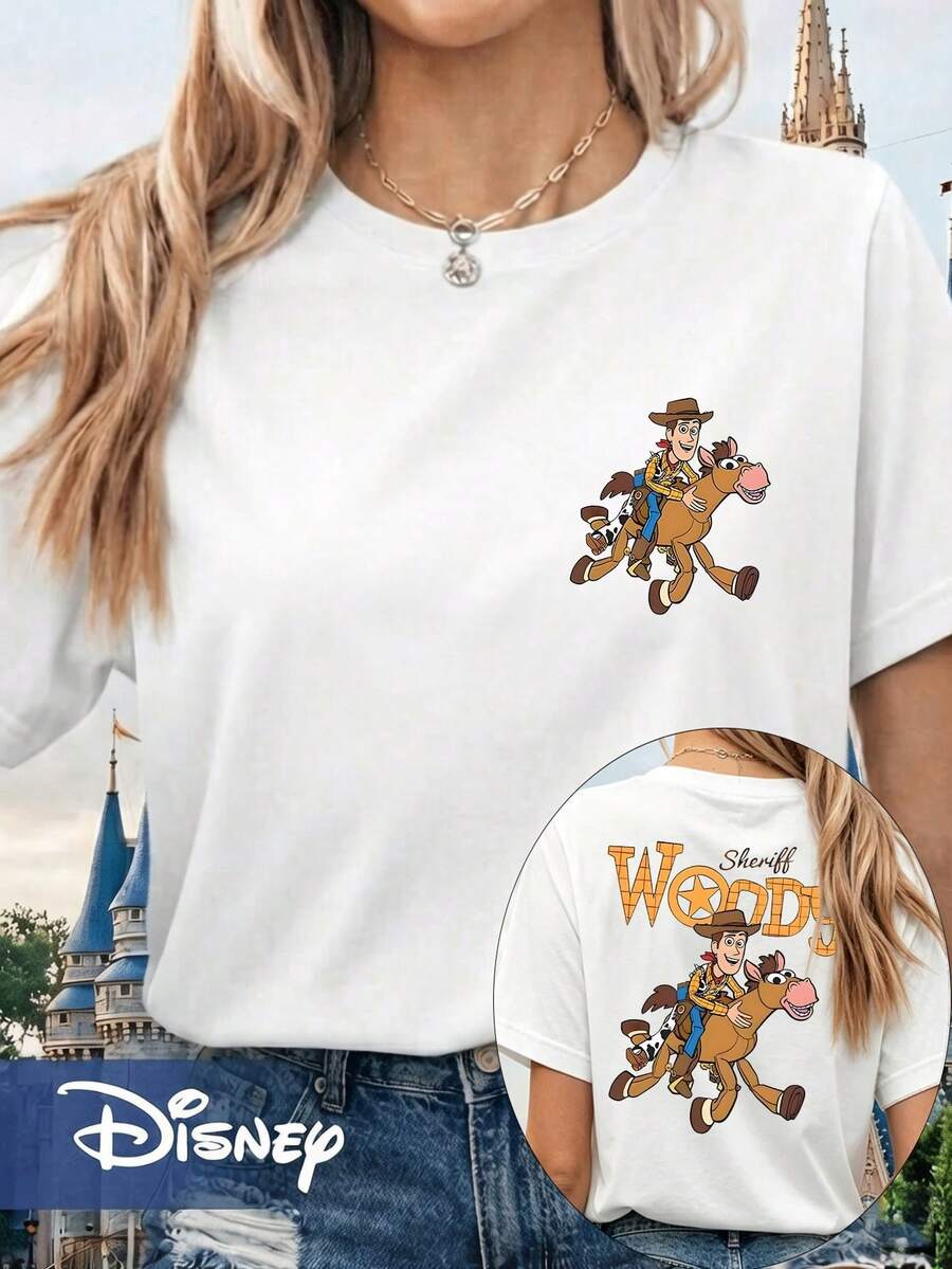 Disney Official Licensed Toy Story Sheriff Woody & Bullseye Print T-Shirt For Women, Double-Sided Graphic Tee, 100% Cotton Casual Top - 白色 - 查看 1