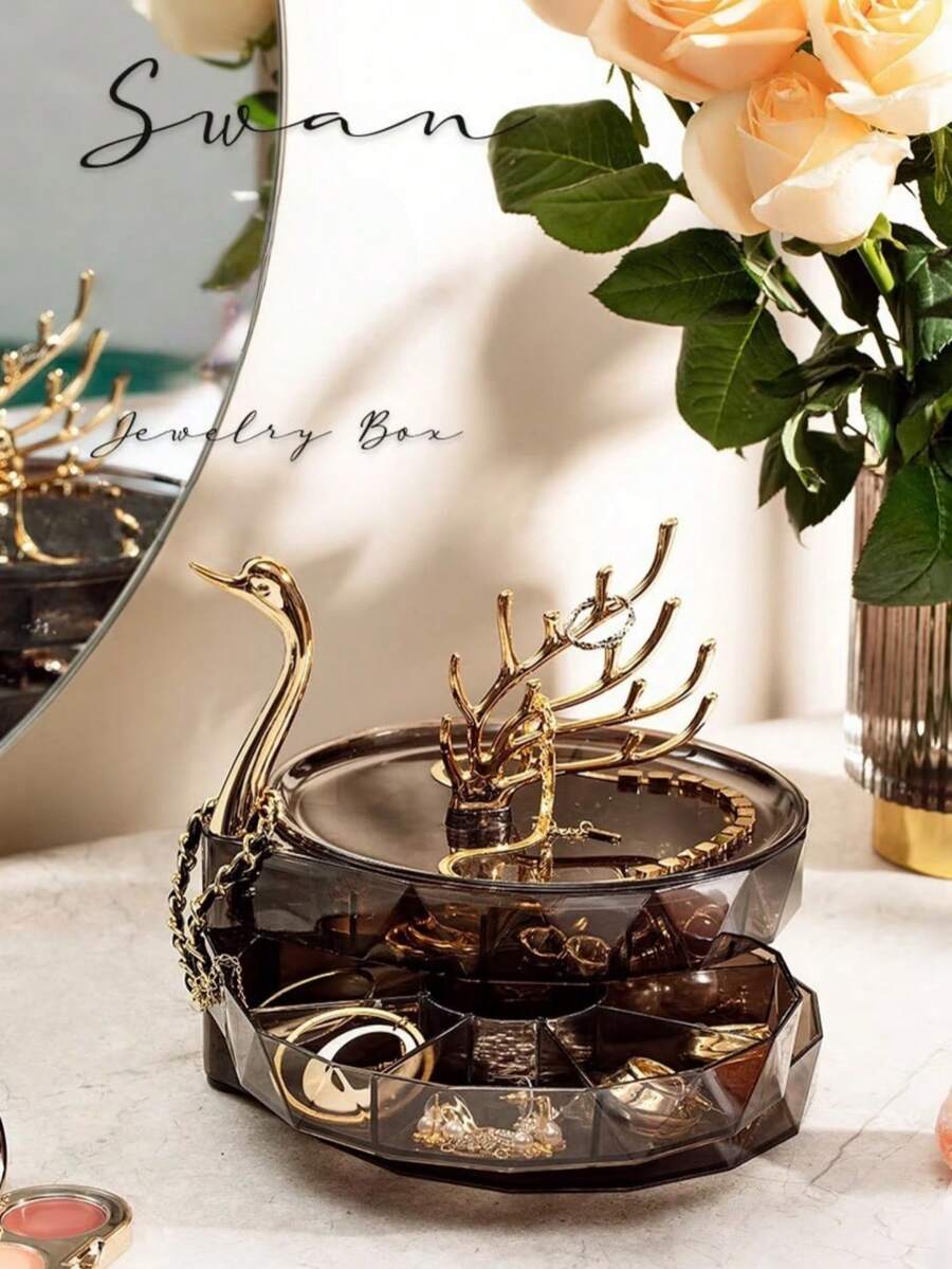 Transparent Acrylic Hair Accessory Storage Box & Swan Jewelry Storage Rack, Multi-Layer Hair Tie & Headband Storage Rack, 3-Tier Drawer Gold Jewelry Tree Rack For Necklaces, Earrings, Rings, Smoke Gray Desktop Vanity Storage Box, Suitable For Women & Girls, Bedroom Bathroom Vanity Elegant Home Decor - Multicolor - View 1