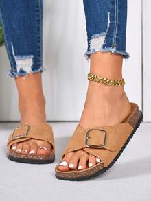 Neue sommerliche lässige Damen-Flachsandalen, Mule-Schuhe mit Metallschnallen-Dekor, einfache bequeme lässige flache Strandschuhe, geeignet für tägliche Ausflüge, braune Damensandalen, süße vielseitige Damensommersandalen - Braun - Übersicht 6