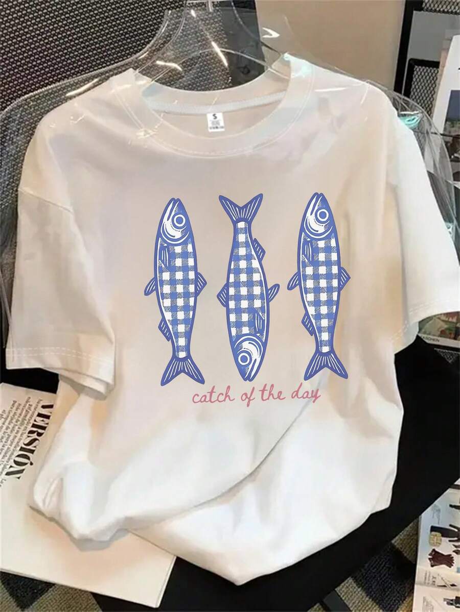 Top de mujer de cuello redondo y manga corta con tres rayas y estampado de peces, apto para todas las estaciones. - Blanco - Ver 1