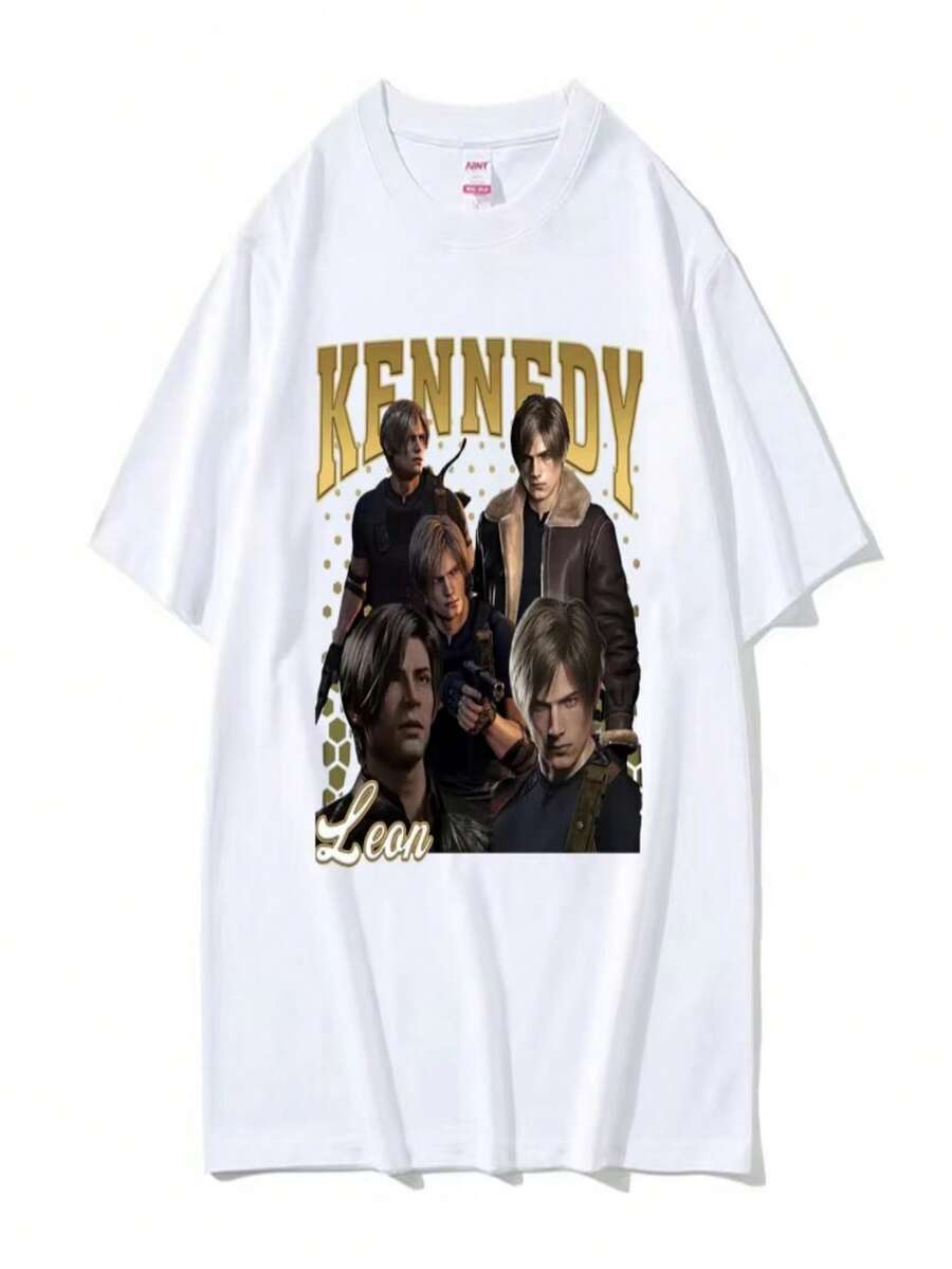 Dent Evil 4 Harajuku Movie Men's And Women's Fashion T-Shirt Street Wear Limited Edition Leon Kennedy Retro Pattern T-Shirt - 白色 - 查看 1