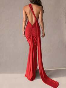 Women's Sexy Solid Color One Shoulder Backless Fishtail Hem Mini Dress, Summer Party Elegant Red - Red - View 3